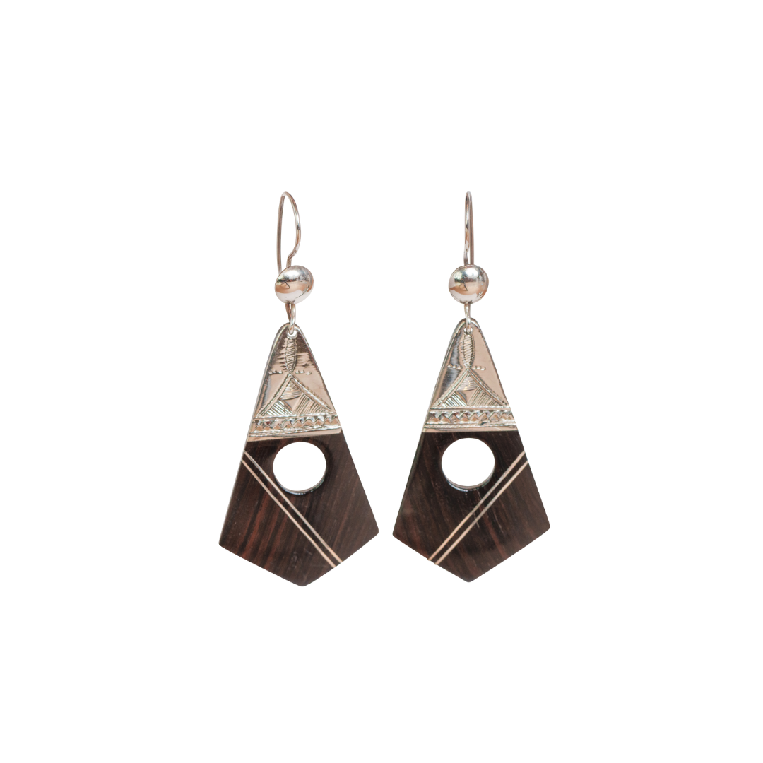 Ebony Wood and Inlaid Silver Earrings Circle