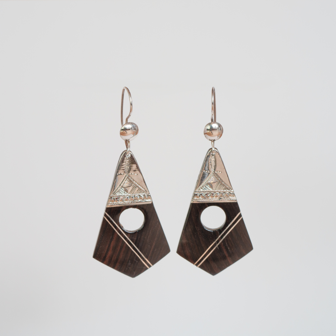 Ebony Wood and Inlaid Silver Earrings Circle