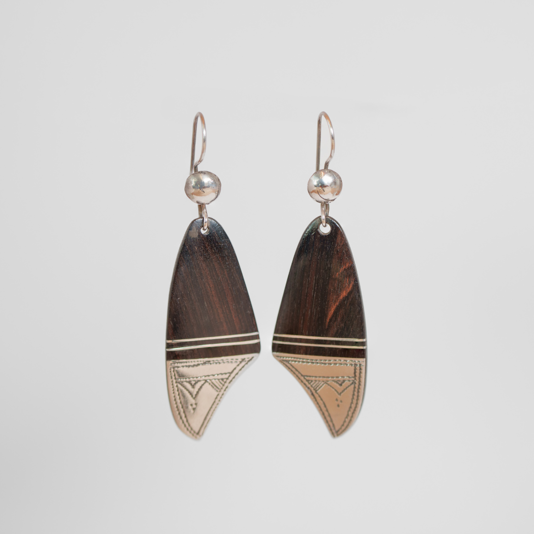 Ebony Wood and Inlaid Sterling Silver Earrings Pointed